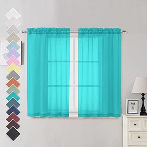 OVZME Turquoise Sheer Curtains 45 Inches Long 2 Panels, Light Filtering Sheer Curtains for Bedroom, Elegant Airy Draperies for Living Room Nursery Room, Dual Rod Pocket, Each 42Wx 45L