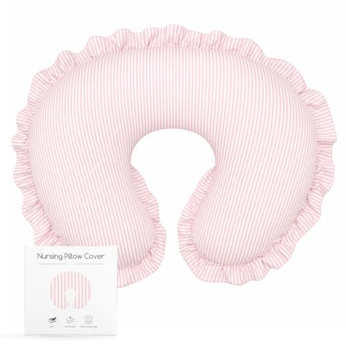Hooyax Nursing Pillow Cover, 100% Cotton Breastfeeding Pillow Cover for Newborn Baby Boys and Girls, Soft and Breathable Classic Striped Slipcover Replacement, Hidden Zipper, Ruffled Design, Pink