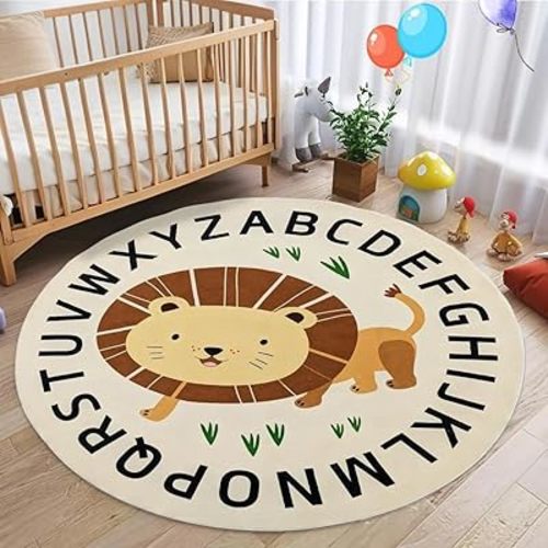 Kids ABC Rug 4Ft Round Lion Carpet Jungle Animal Play Mat Alphabet Safari Area Rug Circle Boys Girls Bedroom Playroom Nonslip Nursery Rug for Children Room, Waking