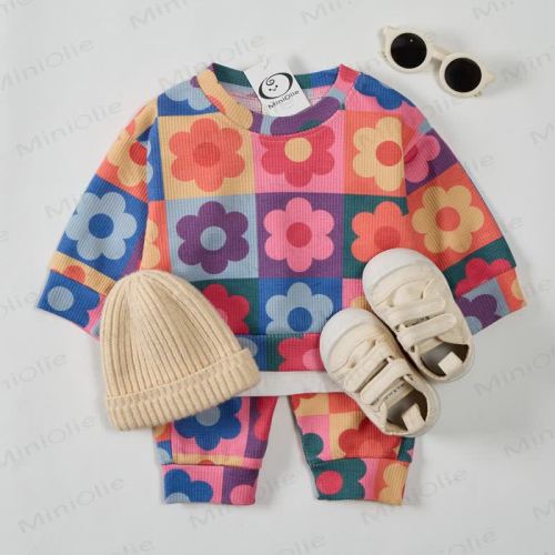 Baby Waffle Colorful Plaid Flower Sweatshirt 2-piece Pink Set
