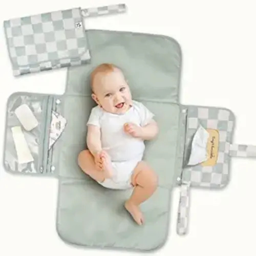 Tiny Twinkle Portable Diaper Changing Pad | Waterproof, Wipeable & Compact Baby Changing Pad for Travel | Smart Wipes Pocket & Organized Storage| Newborn Shower Gift (Sage Checkers)