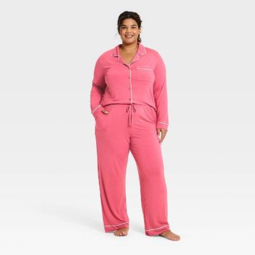 Women's Cloud Knit Long Sleeve Notch Collar Top and Pants Pajama Set - Auden™ Pink 2X