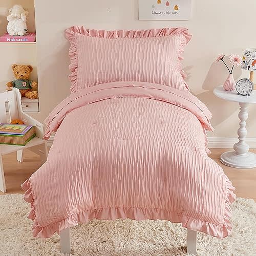 Cozyholy 4 Piece Textured Seersucker Toddler Bedding Set Girls Crib Sheets Set Pink Ruffle Baby Bed Comforter Set Lightweight Bed in a Bag | Include Comforter, Flat Sheet, Fitted Sheet, Pillowcase
