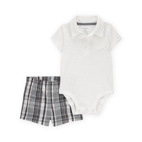 Baby Boy 2-Piece Polo Bodysuit & Plaid Short Set - Ivory/Grey - Carter's | Carter's
