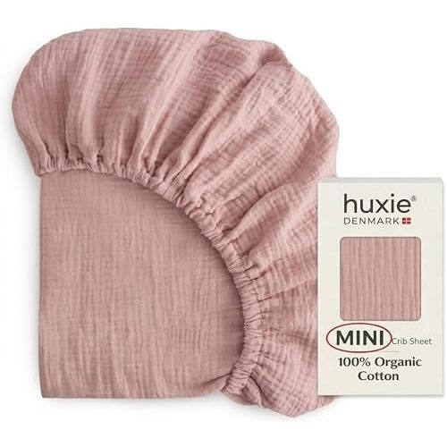 Huxie Mini Crib Sheets - Organic Cotton Muslin Fitted MINI 24"x 38" Crib Sheet for Pack and Play - Ultra-Soft and Breathable for Girls (Mini Blush)