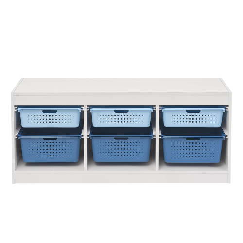 Your Zone Wooden Kids Horizontal Sliding Bin Organizer with 6 Storage Bins, Blue, Age 3+