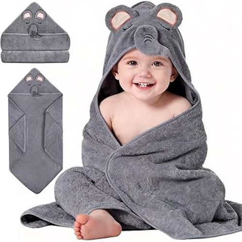 Ababy Baby Hooded Bath Towel for Newborn Boys & Girls, Soft Coral Fleece Hooded Baby Towel & Swaddle Blanket, Infant Bath Robe Wrap for Toddlers, 31x31 - Grey Elephant
