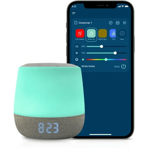 Babysense Dreamer Baby Sound & Light Machine, Adjustable RGB Night Light, Clock and Temperature Display, Sleep Trainer, Program Schedule, White, Pink & Brown Noise Soother, Lullabies & Sounds