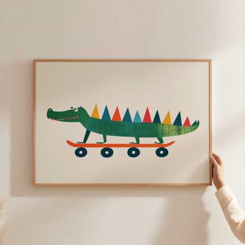 Whimsical Crocodile Print Skateboard Nursery Wall Art Colorful Playroom Decor Retro Funky Kid Room Decor Silly Safari Animal Print XSSB15-A1
