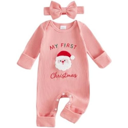 Newborn Baby Girl Clothes Christmas Santa Waffle Knit Long Sleeve Jumpsuit