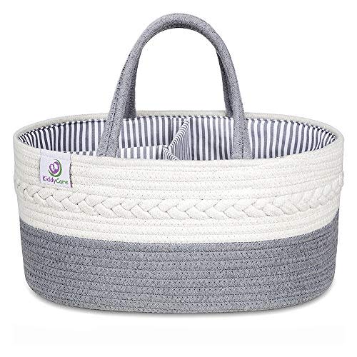 KiddyCare Baby Diaper Caddy Organizer - Stylish Rope Nursery Storage Bin 100% Cotton Canvas Portable Diaper Storage Basket For Changing Table & Car - Top Baby Shower Gift