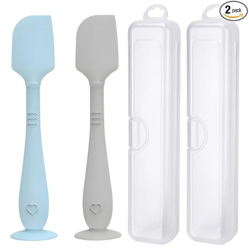 2 Pack Diaper Cream Spatula with Hygienic Travel Case, Butt Spatula Baby with Suction Base, Baby Butt Paste Spatula, Soft Silicone Diaper Rash Cream Applicator Large Size (Blue & Gray)