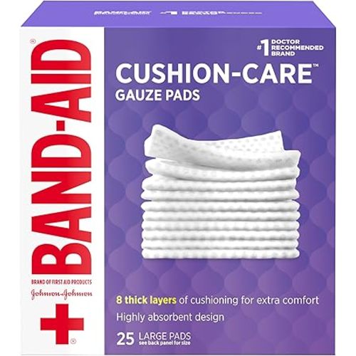 BAND-AID Brand Absorbent Cushion Care Sterile Square Gauze Pads for First Aid Protection of Minor Cuts, Scrapes & Burns, Non-Adhesive, Wound Care Dressing Pads, Large, 4 in x 4 in, 25 ct