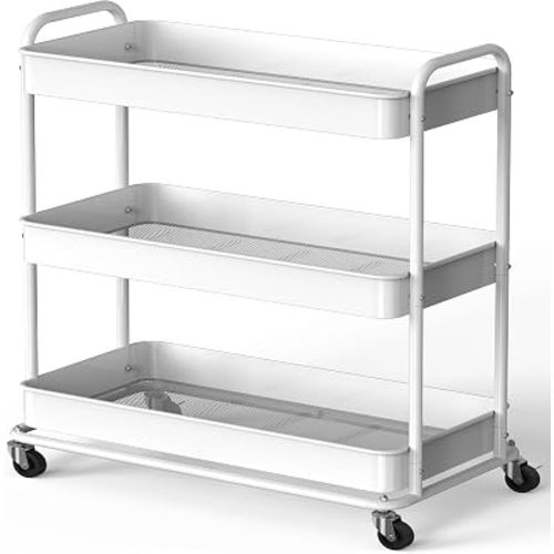 Simple Houseware 26" Extra-Wide 3-Tier Heavy Duty Metal Utility Cart, White