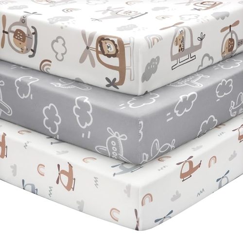 Baby Crib Sheets for Boys and Girls, 3 Pack Toddler Bed Sheets for 52”x28” Standard Toddler Mattresses, Soft Microfiber Fitted Crib Sheets Neutral Grey Helicopter