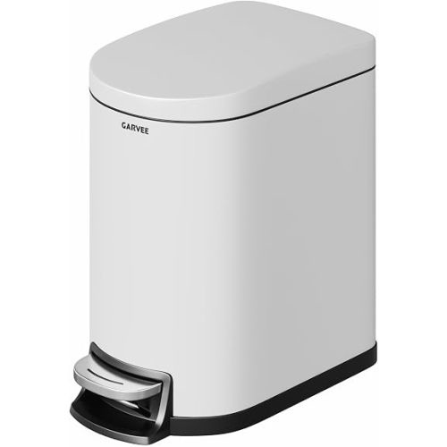 Garvee 1.6 gal / 6 L Metal Bathroom Trash Can with Lid, Slim Waterproof Garbage Can for Bedroom, Small Step-on Trash Bin with Inner Bucket, Rear Handle, Soft Close Lid, White