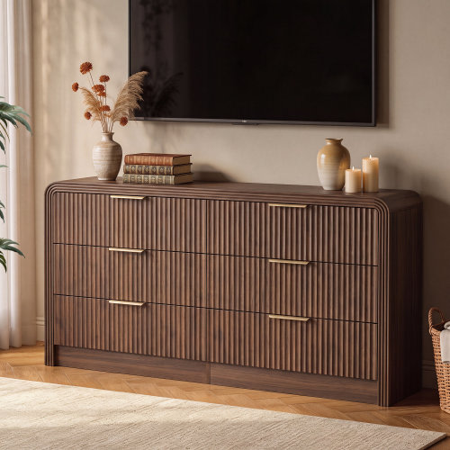 Ebern Designs 55" Modern Fluted Dresser With 6 Drawers, Wave Texture Wood Chest Of Drawers With Gold Handles, Large Bedroom Storage Organizer & Reviews | Wayfair