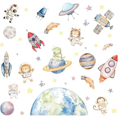 LHIUEM Space Animal Astronaut Wall Decals 39"X12" Cute Outer Space Peel and Stick Wall Stickers Planet Rocket Bulletin Board Decor Removable Self Adhesive Educational for Kids Bedroom Nursery