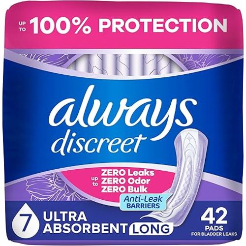 Always Discreet Adult Incontinence Pads for Women, Drier, 7 Drop Long Length, Ultra Absorbency, Pads for Bladder Control Management, Bladder Leaks, Overnight & Postpartum Pads, 42ct