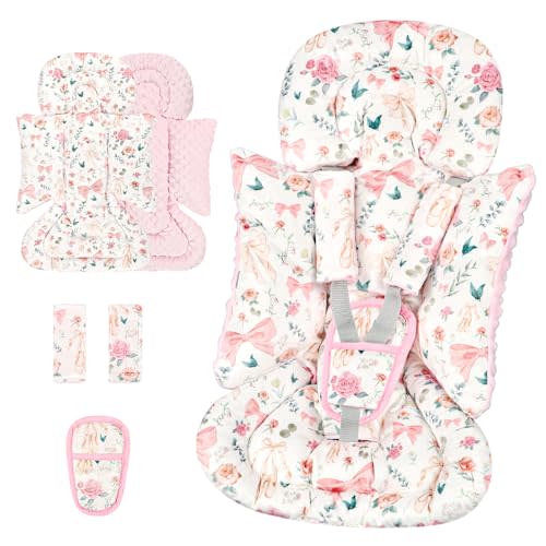 3-in-1 Infant Car Seat Insert, Soft Head and Body Support,Ultra & Strap Covers Set, Reversible Newborn Car Seat Cushion Pad for Baby Boy & Girl fits Stroller, Swing, Bouncer (Pink Bow)