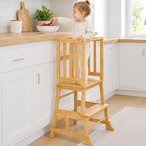 COSYLAND Toddler Standing Tower - Wooden Kitchen Step Stool Helper for Kids - Kitchen Tower with Anti-Tip Support Legs for Kitchen and Bathroom (Natural)