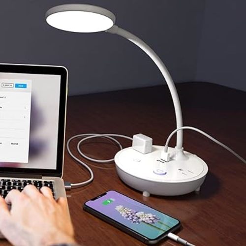 Bodun LED Desk Lamp with 2 USB Charging Port and 2 AC Power Outlet - Adjustable Gooseneck, 3 Level Brightness, Eye-Caring Small White Table Lamp for Home Office College Dorm Room Essentials