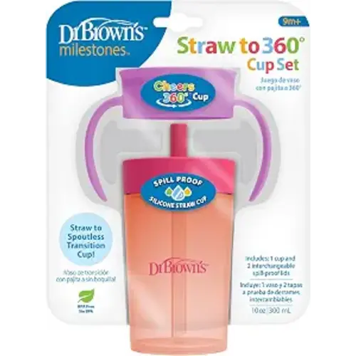 Dr. Brown's Milestones Straw to 360 Convertible Toddler Training Cup Set, 10 oz/300 mL, Interchangeable Silicone Straw and 360 Lids, Pink Coral, BPA-Free, 9m+, 1-Pack