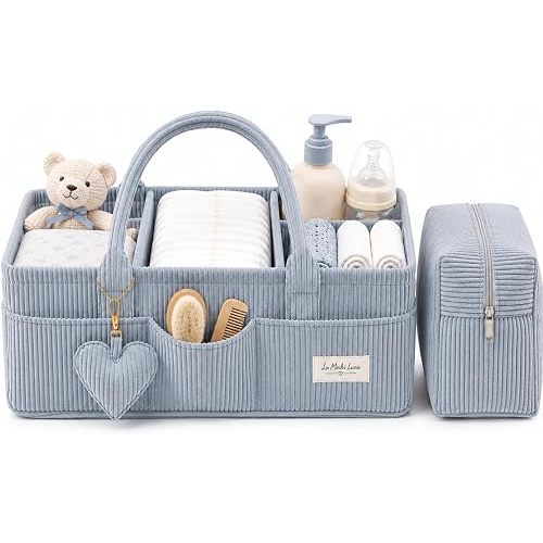 Baby Diaper Caddy Organizer w Handles, Soft Corduroy Nursery Storage Basket, Portable Diaper Organizer Bin for Wipes, Newborn Baby Essentials, Baby Shower and Registry Gift (Dusty Blue)