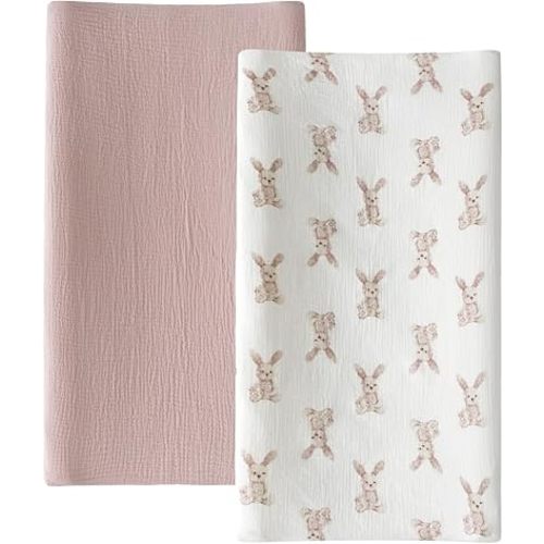 Little Jump Muslin Changing Pad Cover for Baby Girls Boys, 100% Cotton Soft Breathable Changing Table Covers, Baby Diaper Change Table Pad Cover, 2 Pack (Bunny)