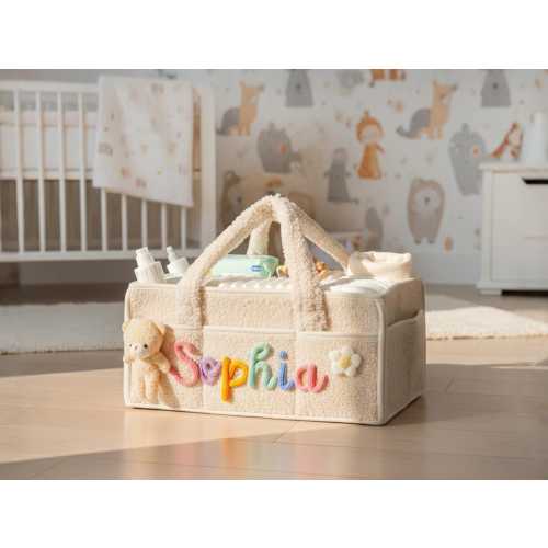 Personalized Plush Baby Storage Basket: Soft Bin Side Pockets