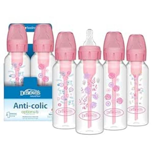 Dr. Brown's Natural Flow Anti-Colic Options+ Narrow Baby Bottle, Pink Floral, 8 oz/250 mL, with Level 1 Slow Flow Nipples, 0m+, 4 Pack