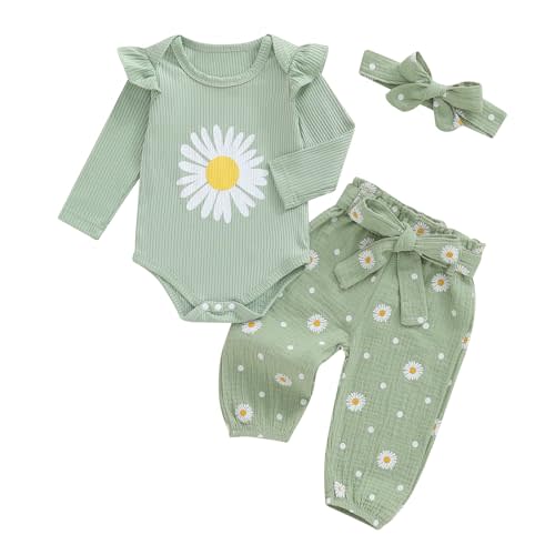 Kaipiclos Newborn Infant Girl Clothes Rib Knit Romper Daisy Print Pants Headband Baby Clothes for Girls 0 3 6 12 18 24 Months