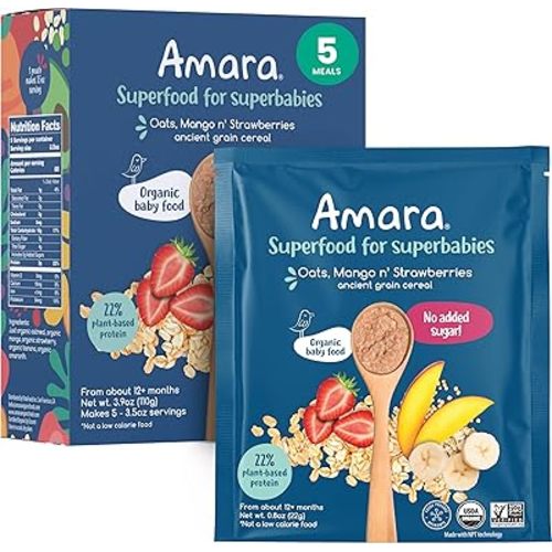 Amara Organic Baby Food - Stage 3 - Ancient Grain - Baby Cereal to Mix With Breastmilk, Water or Baby Formula - Shelf Stable Baby Food Made from Organic Fruit & Veggies - 5 Pouches, 3.5oz Per Serving