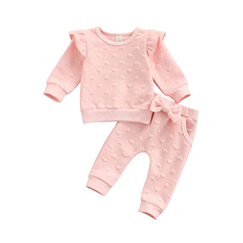 Ynibbim Valentine Baby Girl Clothes Set Ruffle Long Sleeve Sweatshirts Tops Pants Heart-Shape Printed Outfit