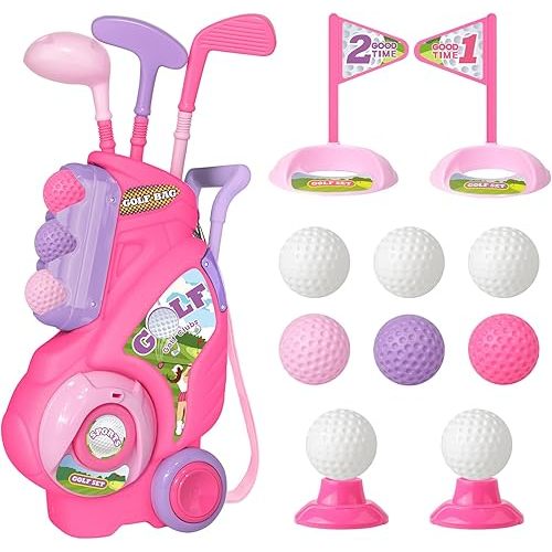 Toddler Golf Set for Girls Boys 2 3 4 Years Old, Upgraded Kids Golf Cart with 3 Clubs & 8 Balls, Outdoor Indoor Sports Toys Birthday Gift, Pink