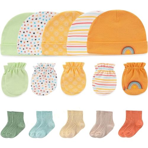 Newborn Baby Boy Girl Caps Mittens Socks Set Cotton Baby Essentials Accessories (Hats+Gloves+Socks)