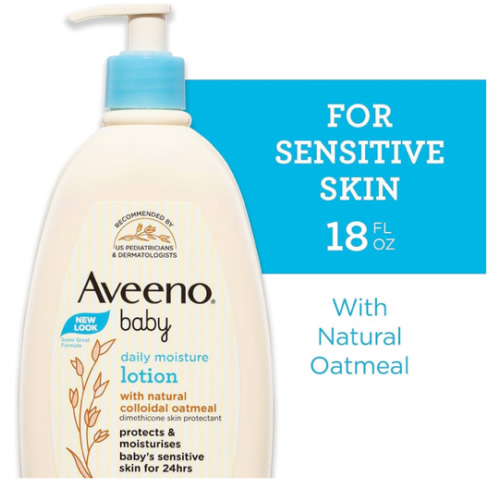 Aveeno Baby Daily Moisture Body Lotion for Sensitive Skin, Hypoallergenic Moisturizing Baby Lotion with Nourishing Oat to Deeply Moisturize Baby's Skin, Fragrance-Free, 18 fl. oz, 2 Pack
