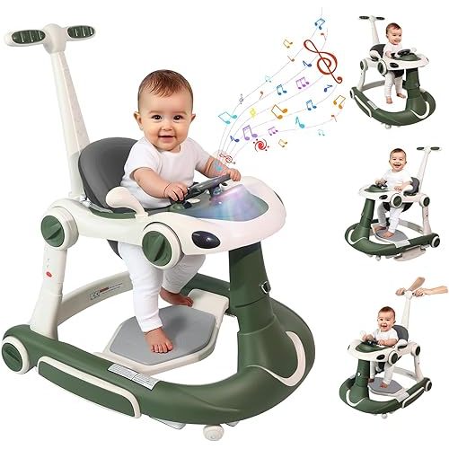 Baby Walker, 4-in-1 Baby Walker with Wheels Portable, Foldable Infant Toddler Walker for Boys Girls 6-18 Month,Removable Footrest,Car Steering Wheel & Music, Adjustable Push Walker Pink Green