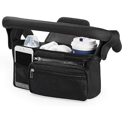 Universal Stroller Organizer With Insulated Cup Holder, Detachable Phone Bag & Shoulder Strap - Fits Uppababy, Baby Jogger, Britax, BOB, Umbrella and Pet Strollers (Black)