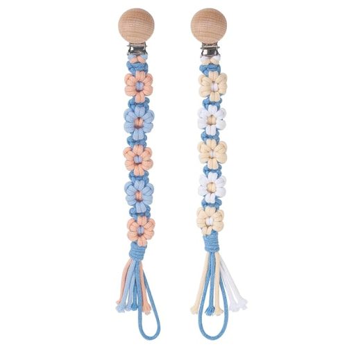 Pacifier Clip for Boys Girls Floral Daisy Macrame Baby Paci Clip Pacifier Holder Leash Boho Wooden Clips Handmade Braided Cotton Binky Clips (2pack:Daisy A & Blue Daisy B)