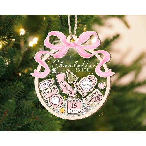 Personalized Baby's First Christmas Ornament: Coquette Bow Girl Newborn Keepsake - 4D Shaker