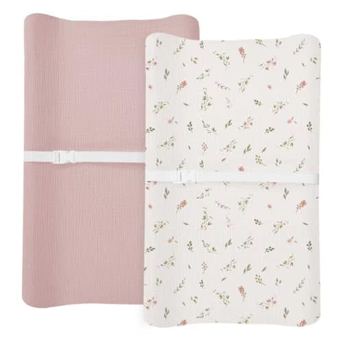Changing Pad Cover for Baby Boy Girl 2 Pack, Muslin Changing Table Pad Covers with Boho Style, Neutral Nursery Bedding Essentials Soft and Breathable(Petal Leaf & Pink)