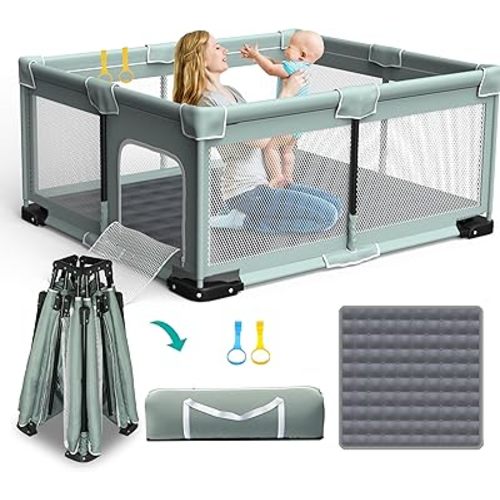 ICAREWAY Foldable Playpen for Babies and Toddlers, 71"x59" Inches Portable Playpen with Mat, Kids Collapsible Play Pen with 2 Handlers, Indoor & Outdoor Baby Play Area with Visible Mesh (Light Green)