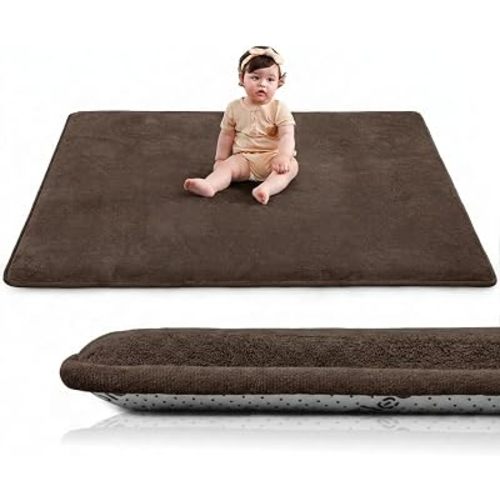 Huloo Sleep Baby Play Mat for Floor,1.3" Thick Elasti-Foam 50"×50" Playpen Mat for Tummy Time,Water Repellent Soft Coral Velvet for Toddler,Infant,Kids,Non-Slip Backing Safe for Crawling(Dark Brown)