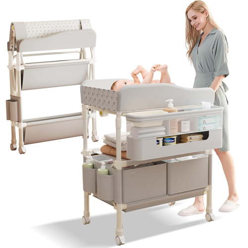 Multifunctional folding changing table with 2 drawers, portable baby changing station, includes toy shelf, mobile changing table and newborn compartment, height adjustable.