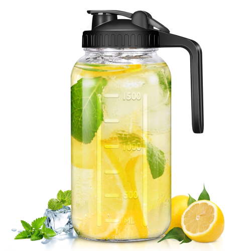 Hwawhin 64 OZ Mason Jars with Lid, Glass Pitcher Double Leak Proof with Pour Spout Handle, 2 Quart Wide Mouth Breast Milk Pitcher for Fridge, Creamer Container for Coffee, Sun Tea, Juice - 1 Pack