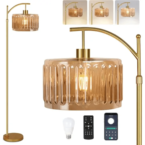 QIYIZM Floor Lamp for Living Room,Bedroom,Gold Dimmable Standing Lamp with Remote,Mid Century Modern Brass Tall Lamp Retro Vintage Glass Lamp Floor Light Boho Bohemian