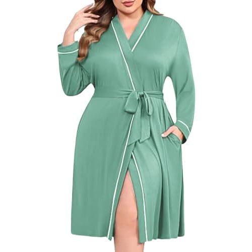 Ekouaer Plus Size Robes for Women Lightweight Bathrobe V Neck Kimono Loungewear Soft Maternity Robes with Pockets 1X-5X