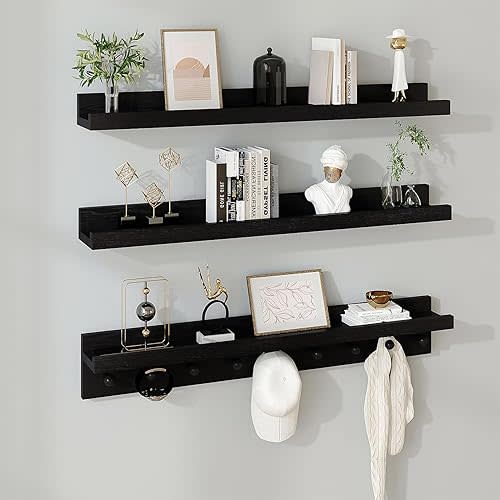 MBYD Black Picture Ledge Shelf with Hooks, 24 Inch Floating Book Shelves Kids Room, Wall Mounted Nursery Bookshelves, Hanging Bookshelf for Bedroom, Living Room, Kitchen, Bathroom Set of 3