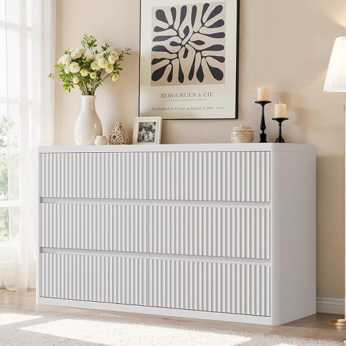 White 6 Drawers Double Dresser, Fluted Dresser for Bedroom, Modern Chest of Drawers with Handleless, Curved Profile Dressers TV Stand, Wood Storage Organizer for Living Room, Hallway